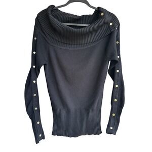 Cache Vtg Y2K Black Ribbed Cowl Neck Snap Button Sleeve Sweater Size Medium